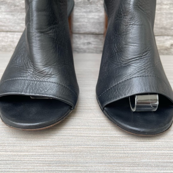 Vince | Faye Leather Peep Toe Stacked Block Heel Booties - Picture 4 of 13